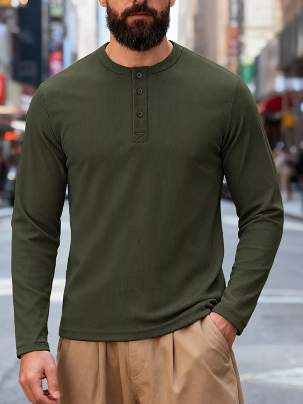 Long-sleeve henley – army green