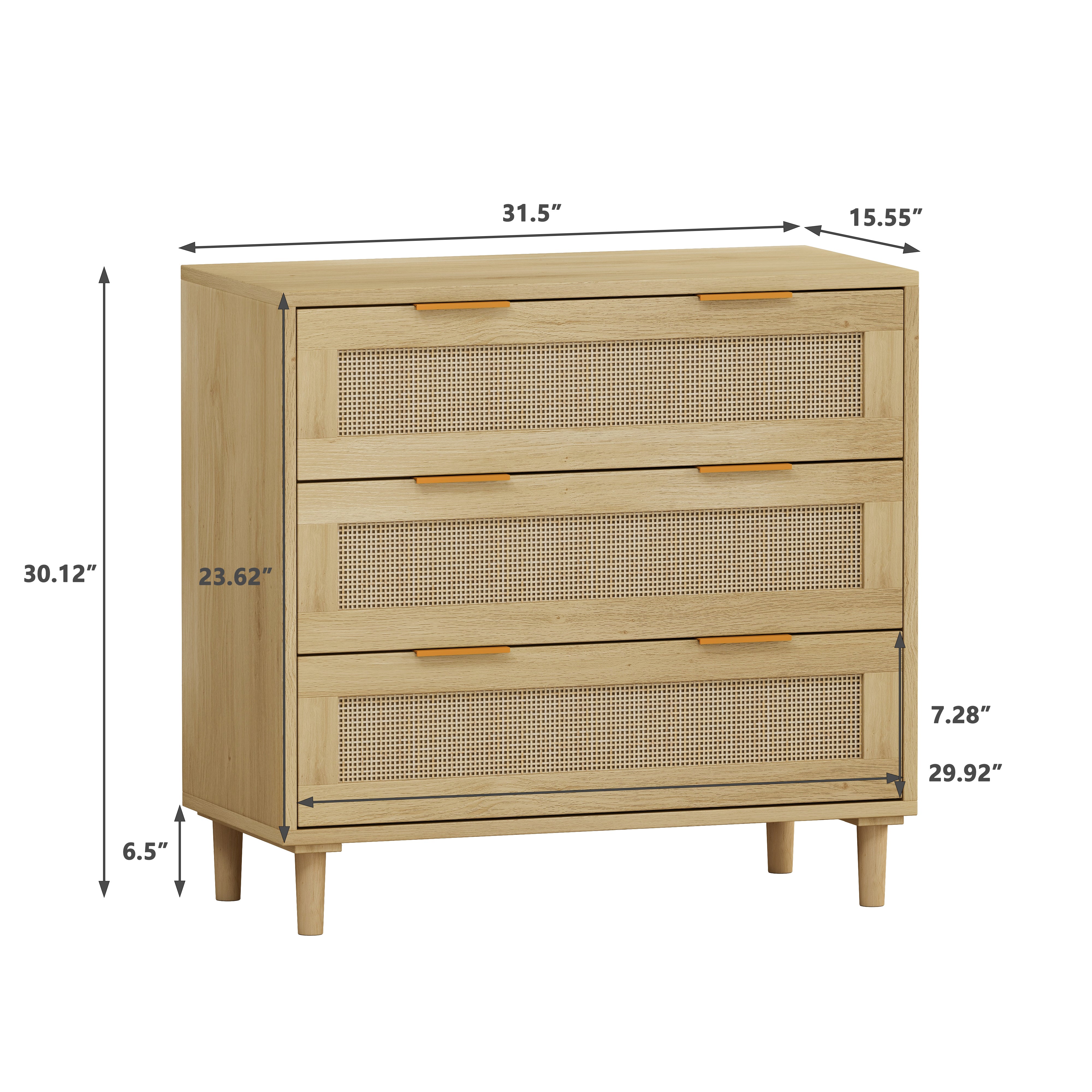 3-Drawers Rattan Storage Cabinet Rattan Drawer (Set of 2),for Bedroom,Living Room,Dining Room,Hallways,Oak