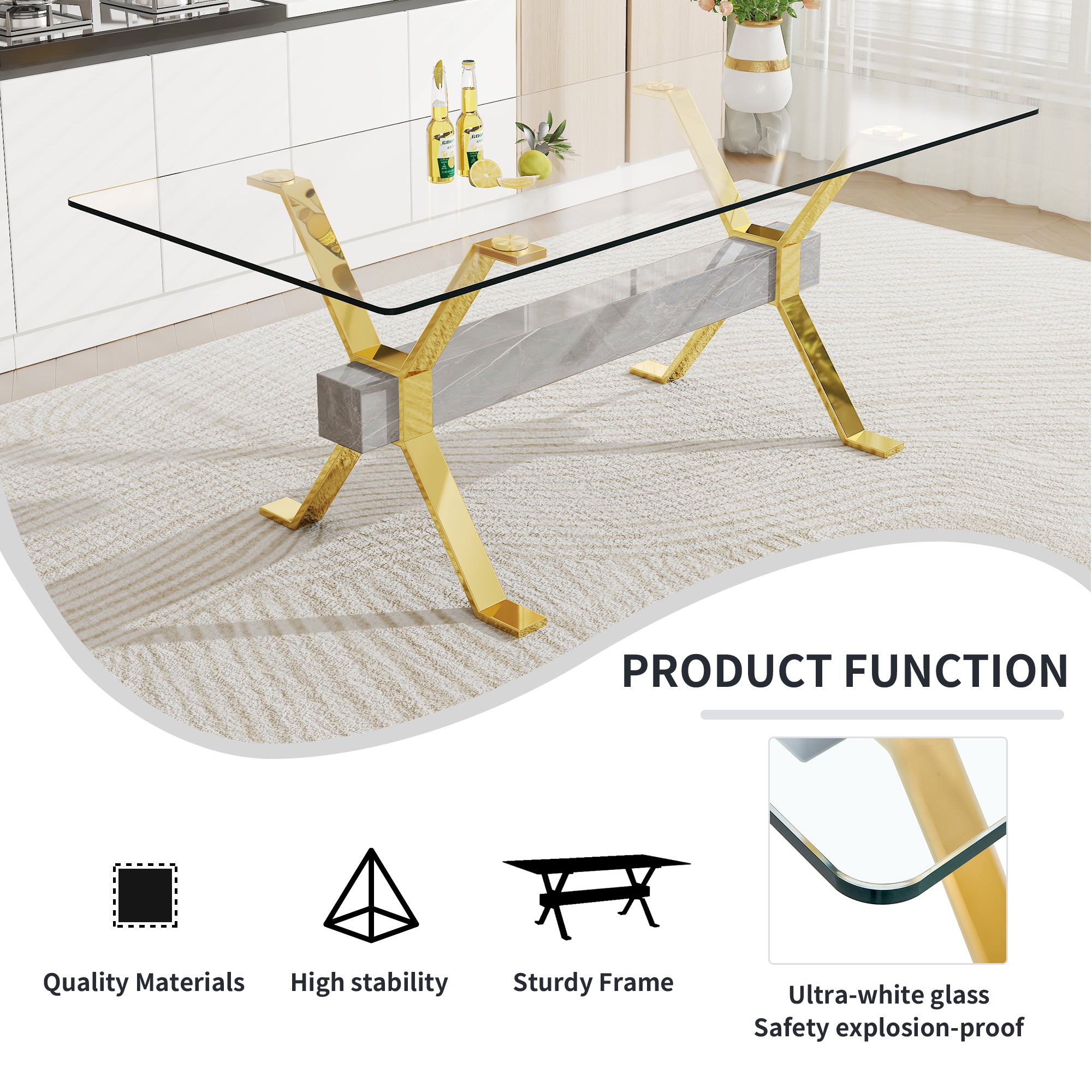 Dining table Modern tempered glass dining table Large modern office desk with gold plated metal legs and MDF crossbars