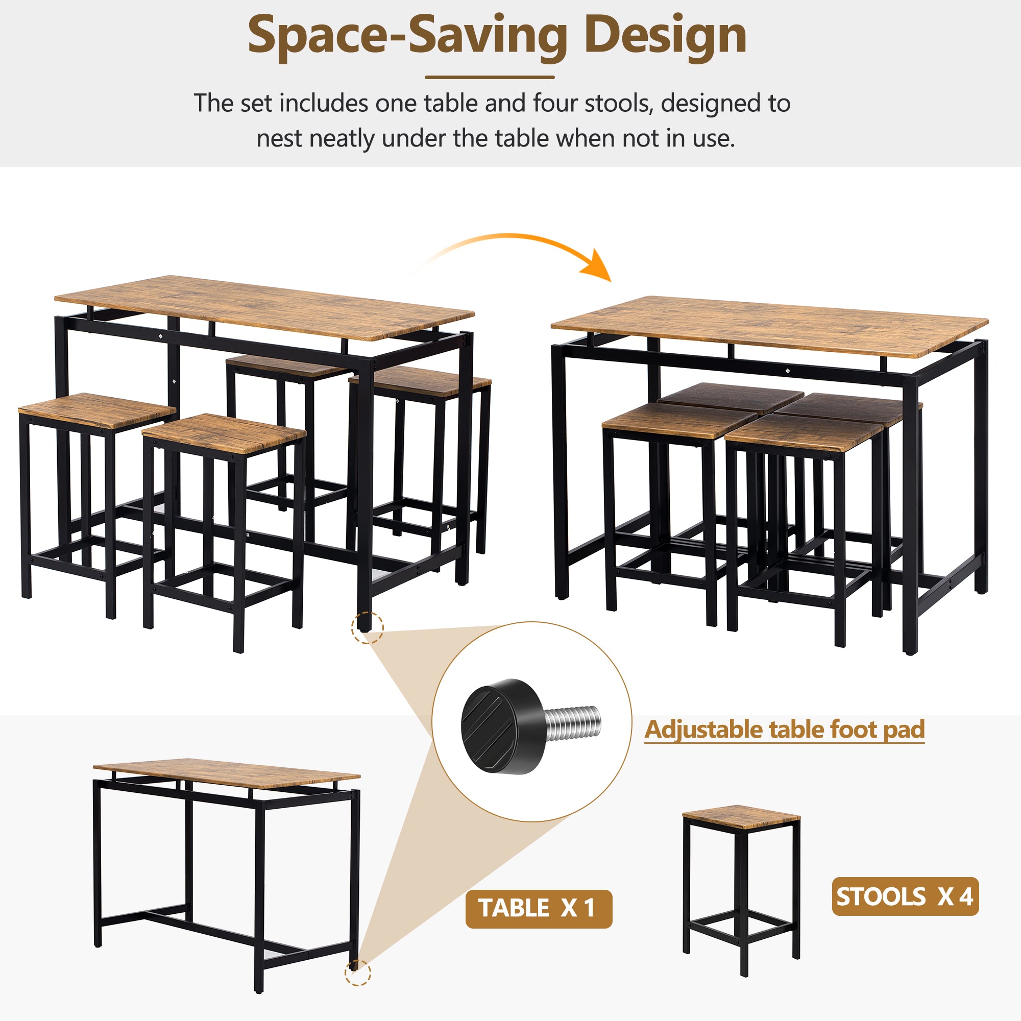 TREXM 5-piece compact bar table with table and stool - modern industrial design brown