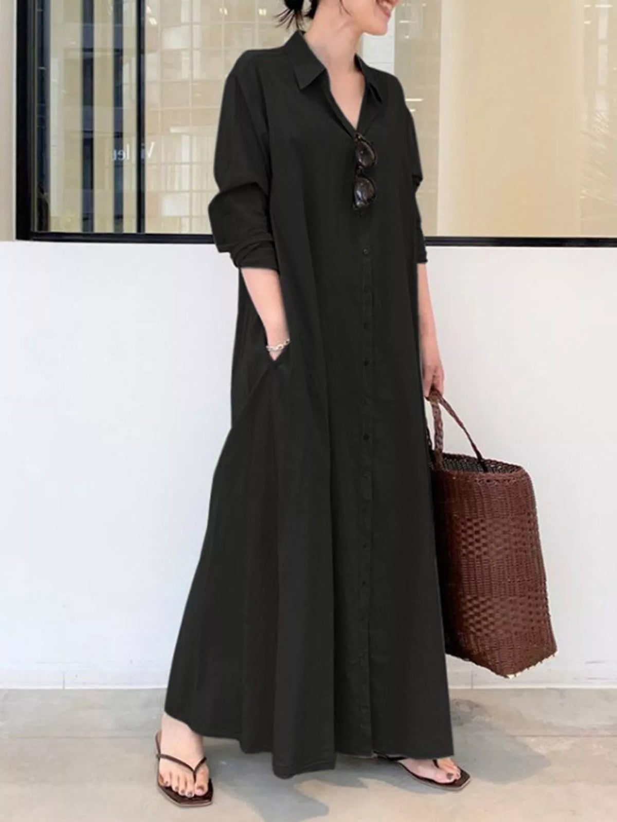 Button front long sleeve maxi shirt dress, Black