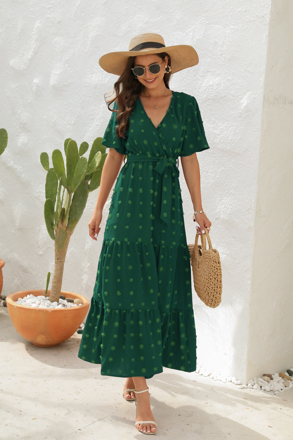 Swiss dot tied surplice short sleeve dress