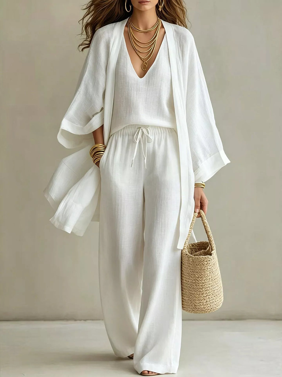 V-neck top &amp; cardigan &amp; pants three-piece set