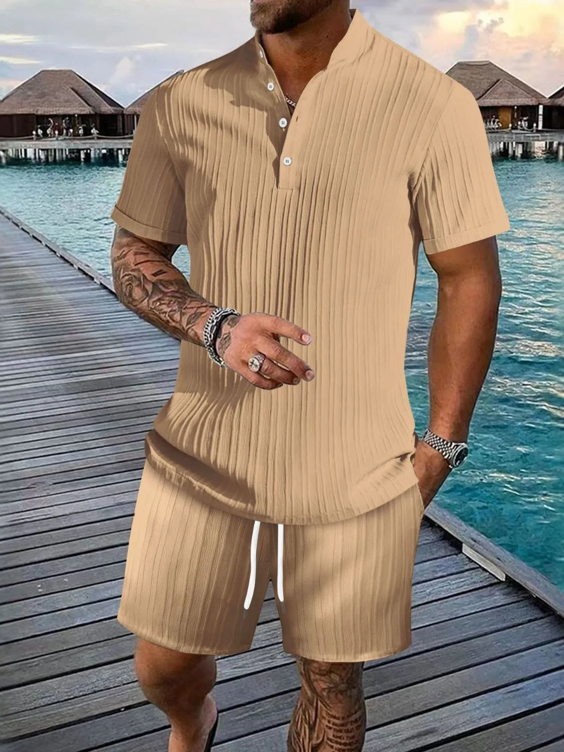 Button-trim top and shorts set – camel