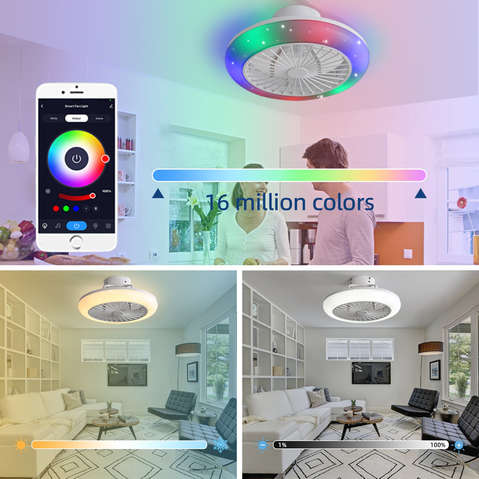 18" Smart LED Bladeless Ceiling Fans Remote with Alexa/Google, Modern Flush Mount RGB Ceiling Fan for Bedroom