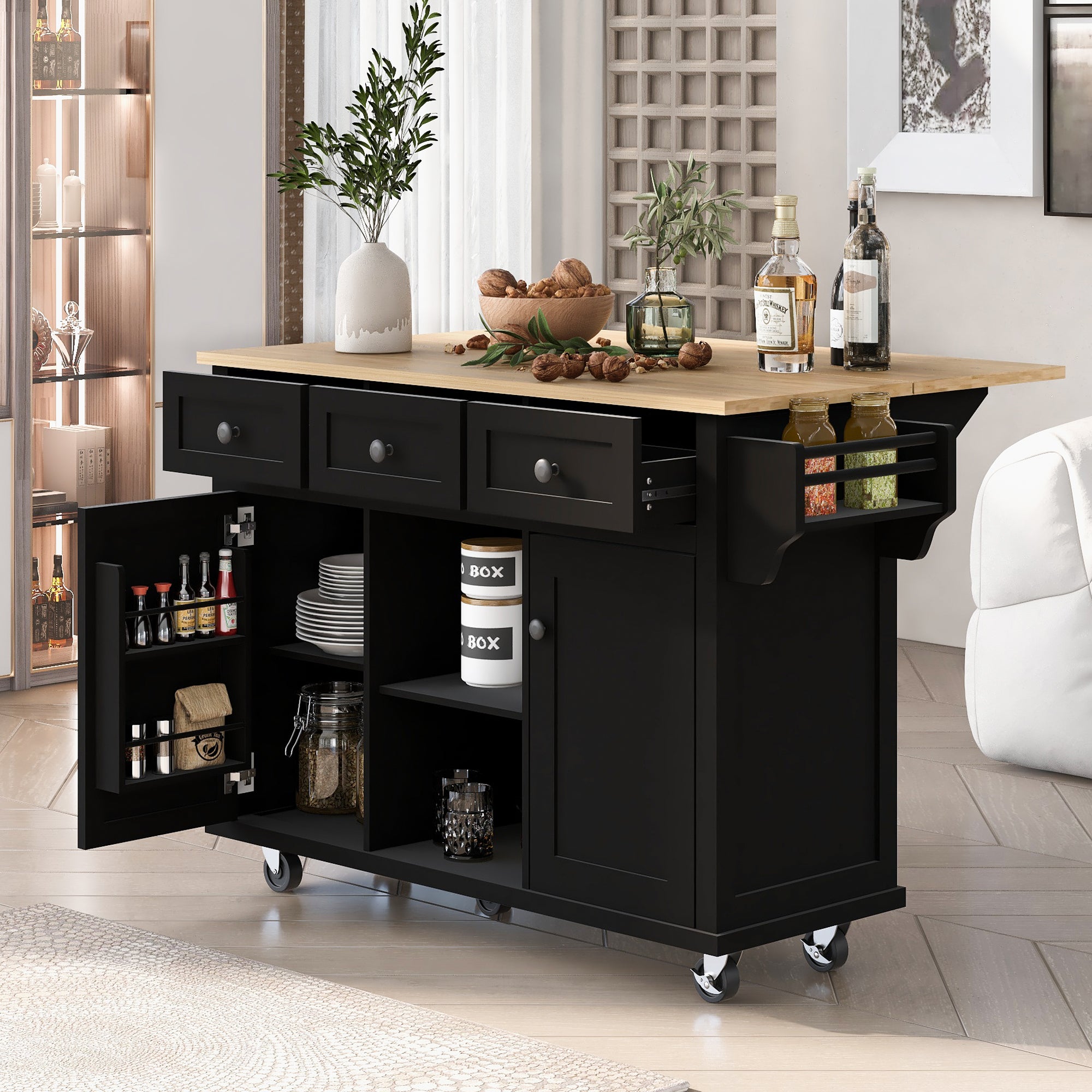 Kitchen trolley with rubber wood leaf countertop, 5-wheel kitchen island, storage cabinet and 3 dining drawers, black