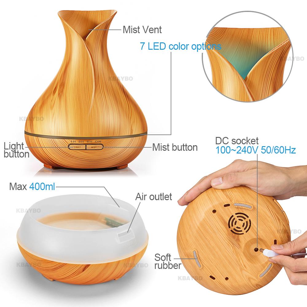 400ml Aroma Essential Oil Diffuser Ultrasonic Air Humidifier with Wood Grain 7 Color Changing LED Lights for Office Home