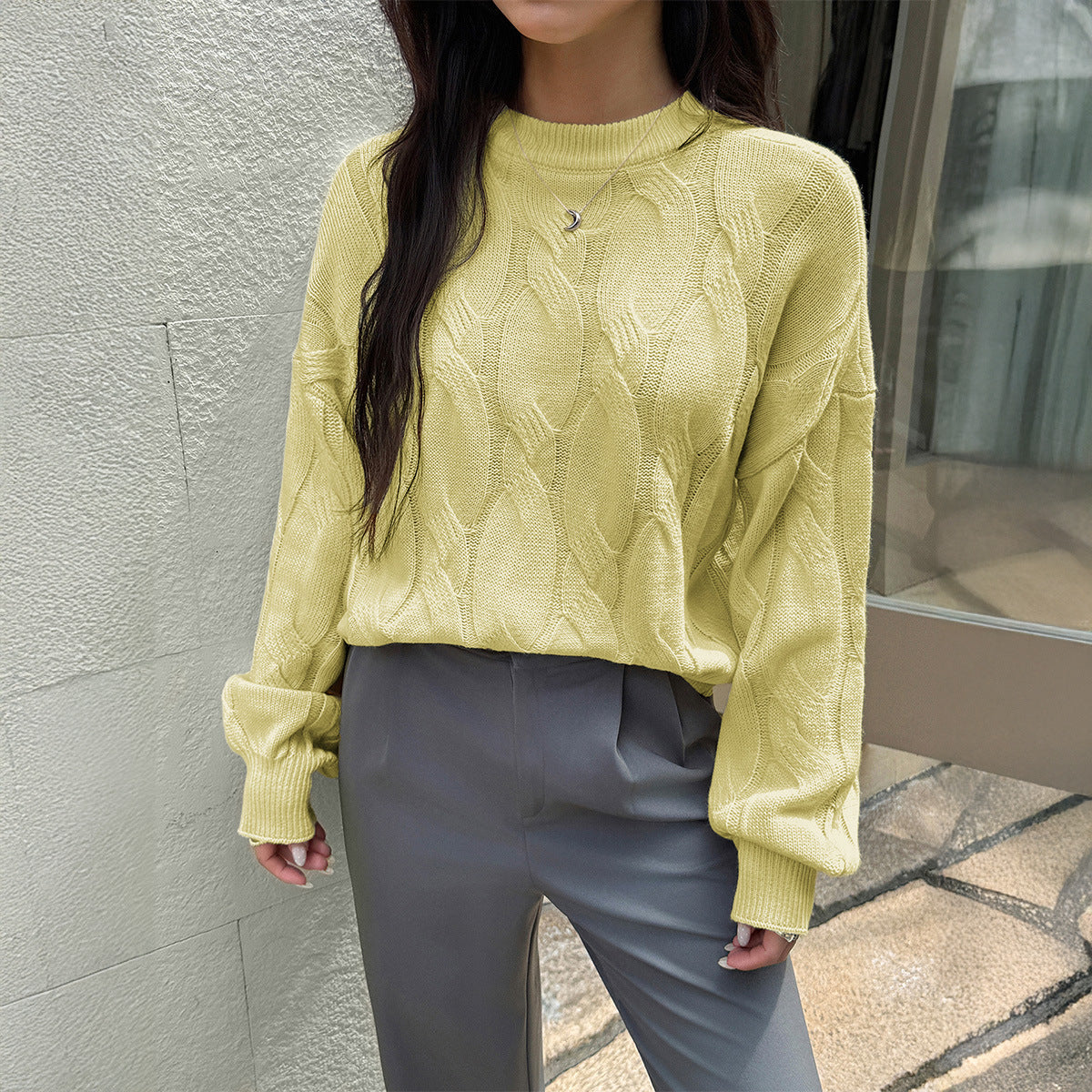 Solid color long sleeved sweater top woven with wool