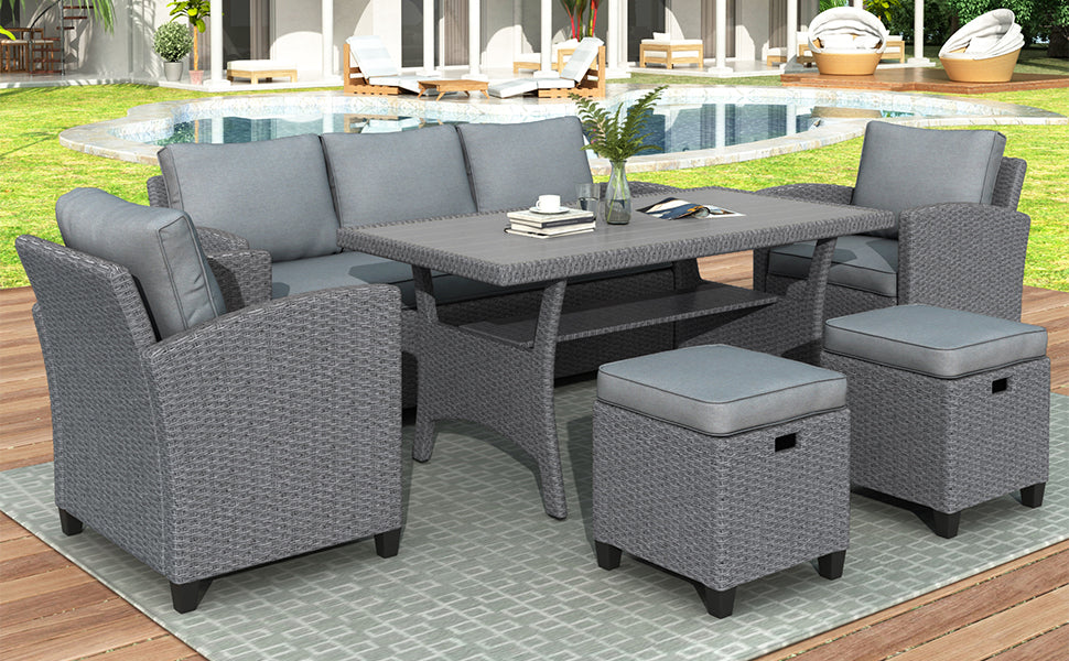 TOPMAX 6-piece outdoor rattan wicker set chair, stool, and table (gray rattan+gray mat)