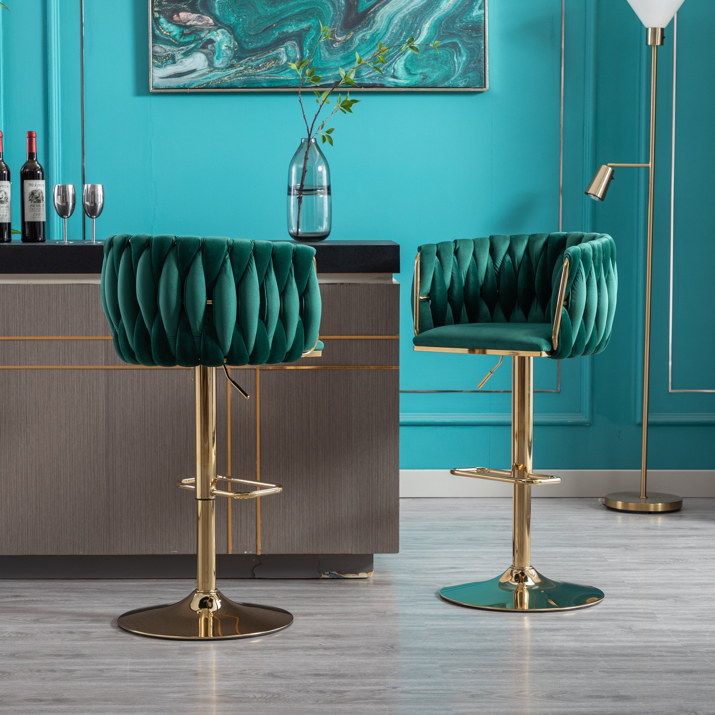 Set of 2 Bar Stools with Chrome Footrest and Base Swivel Height Velvet + Golden Leg Simple Bar Stool-Green