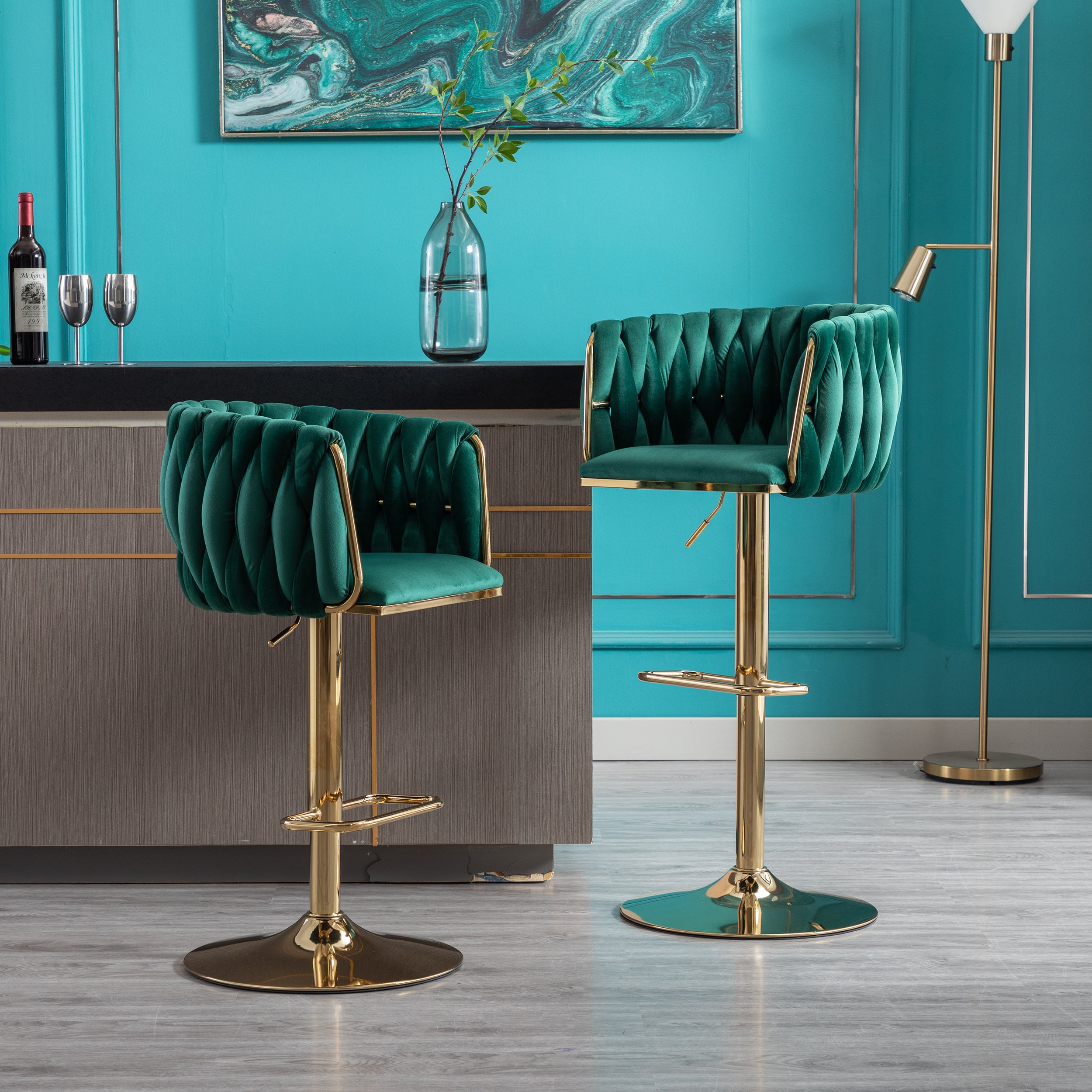 Set of 2 Bar Stools with Chrome Footrest and Base Swivel Height Velvet + Golden Leg Simple Bar Stool-Green