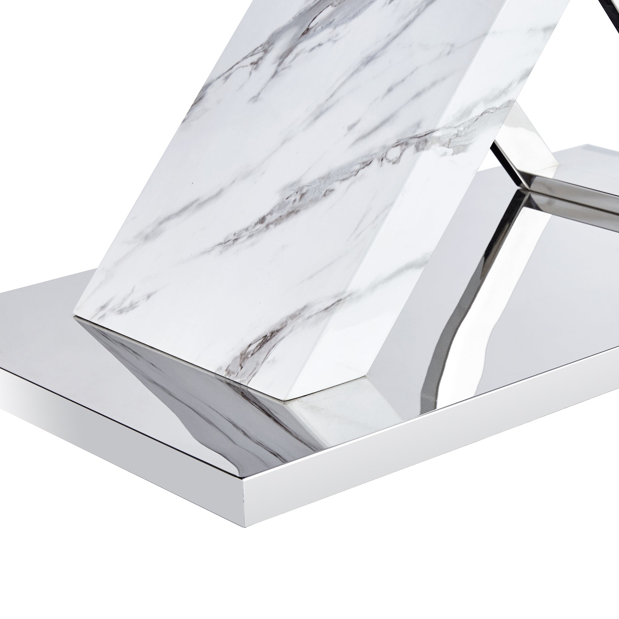 Modern white rectangular marble textured glass dining table and office desk Equipped with stainless steel base