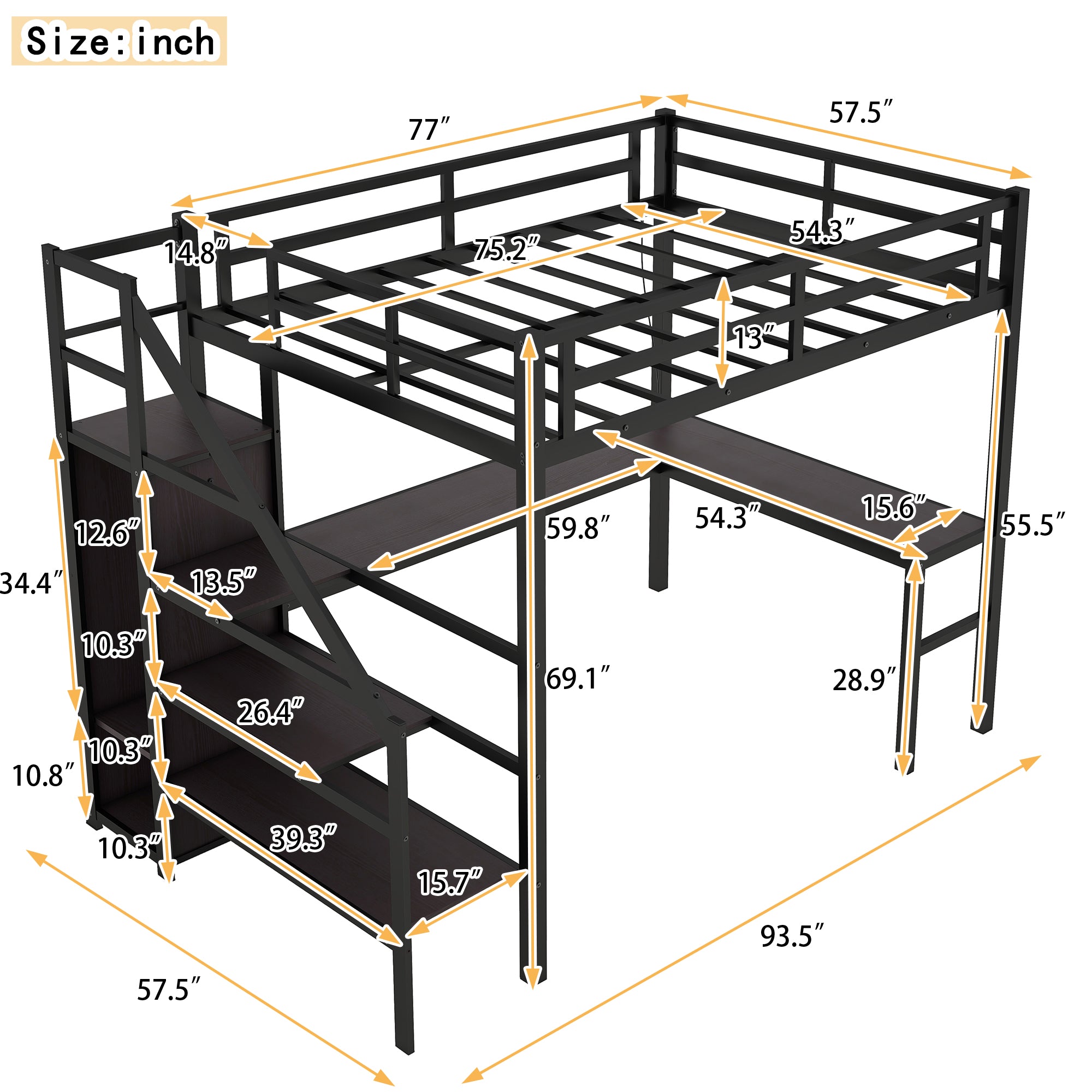 Full sized loft bed with L-shaped desk and USB, metal loft bed with wardrobe and adjustable shelf, black color