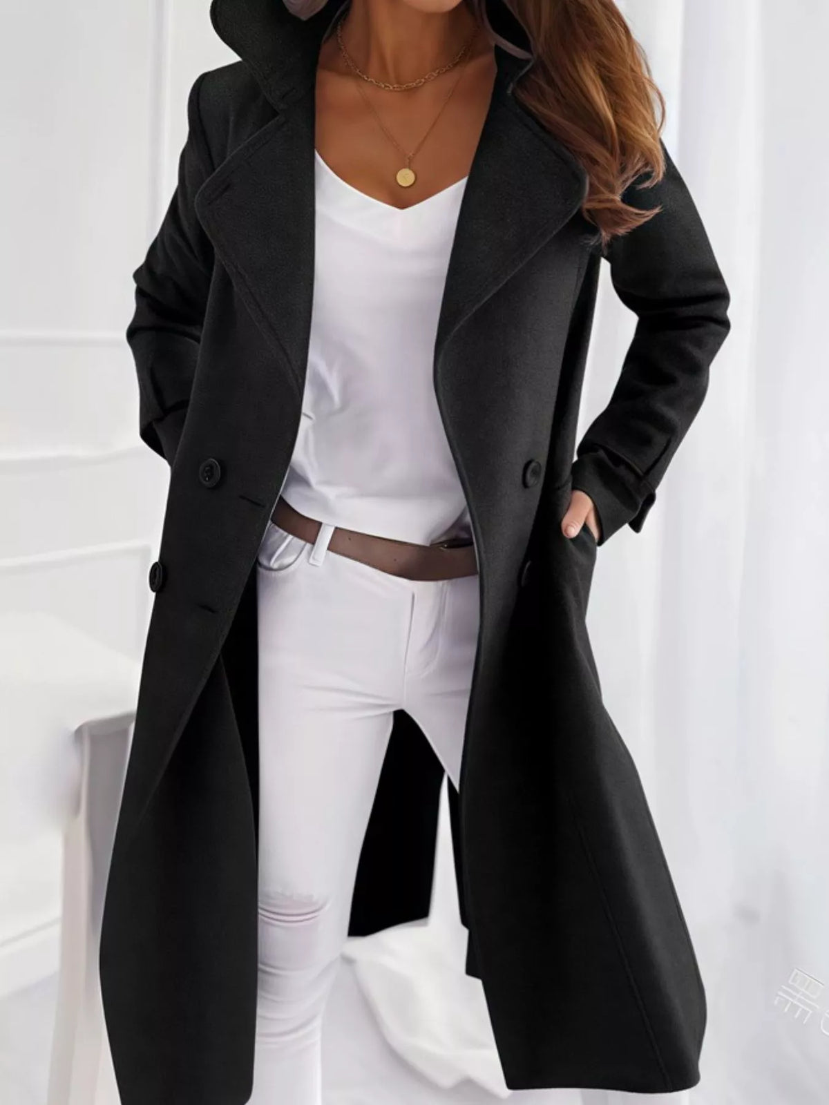 Double-Breasted Long Trench Outerwear, Black