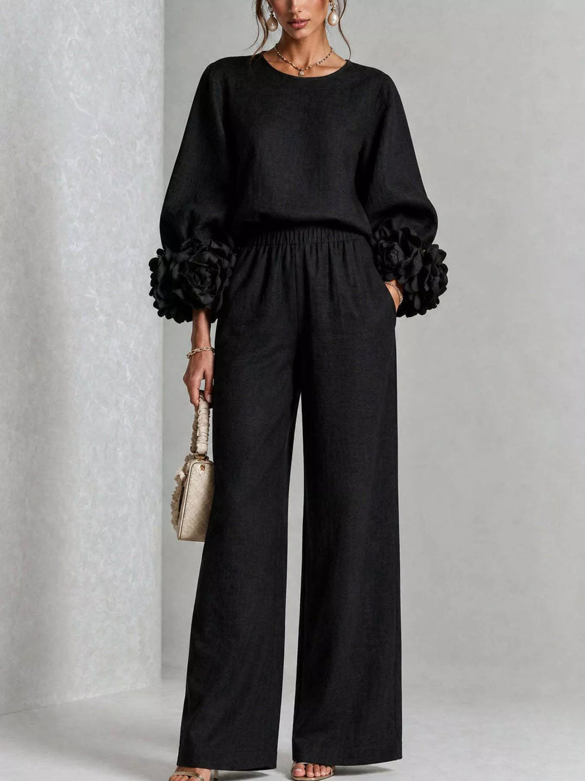 Floral-cuff top and pants set