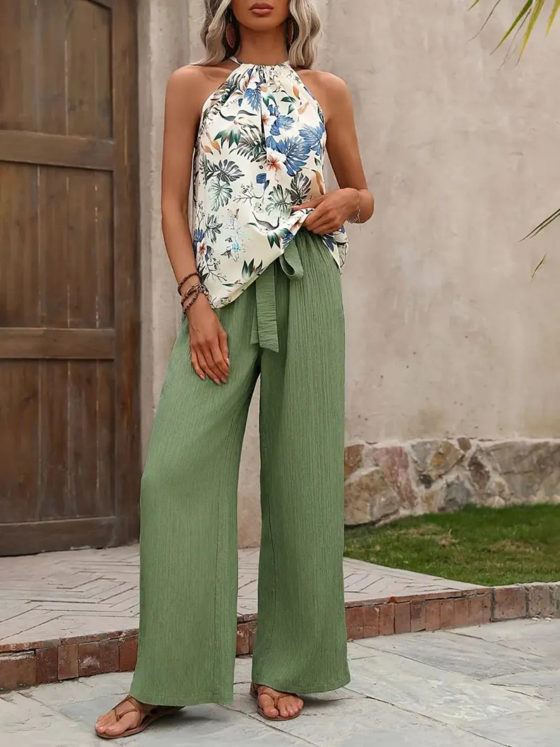 Printed tank top and wide leg pants set, Matcha Green