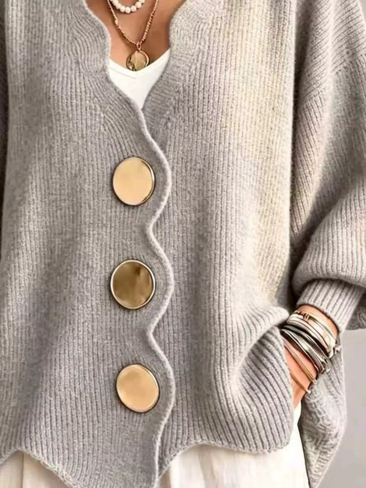 Scalloped-edge oversized button-down cardigan