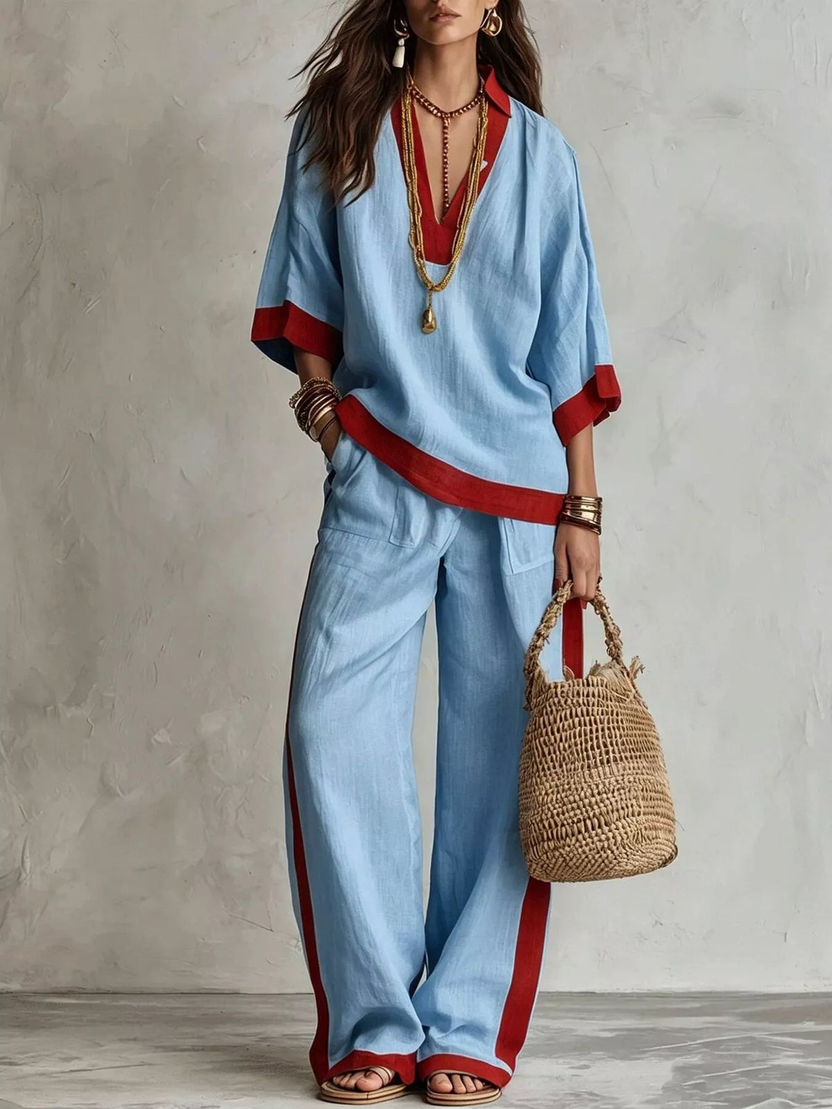 Contrast trim top and wide leg pants set, Light Blue