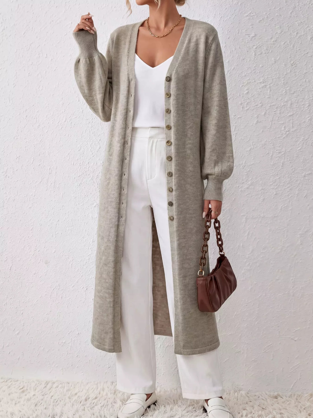 Elegant longline button-front cardigan with lantern sleeves, Light Gray