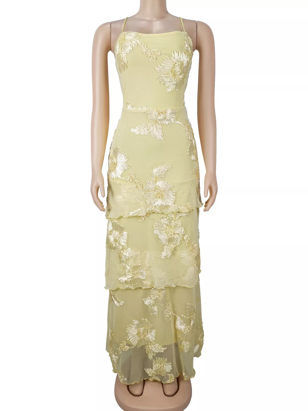 Floral appliqué tiered maxi dress