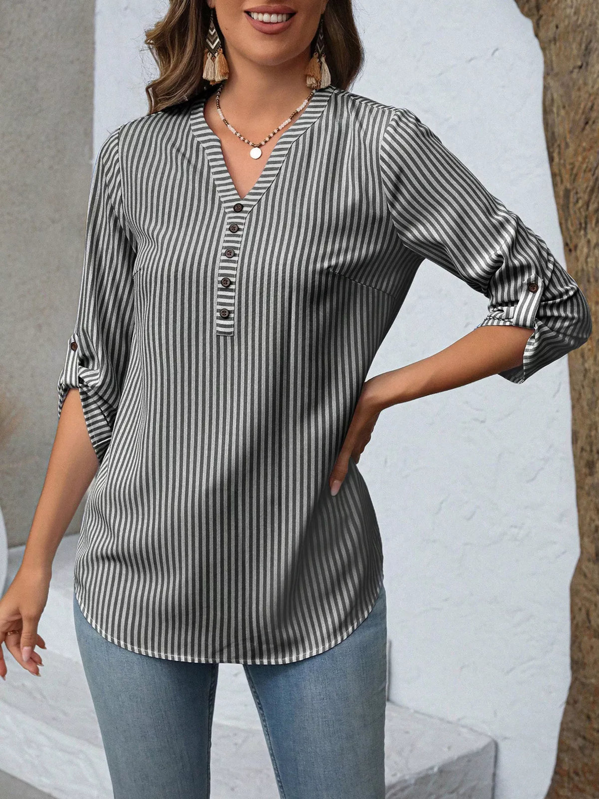 Striped roll-sleeve blouse
