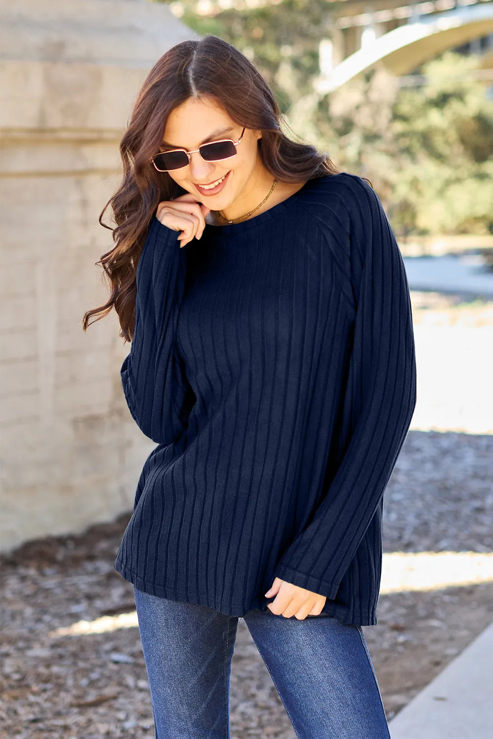 Ribbed long sleeve knit top, Dark Blue