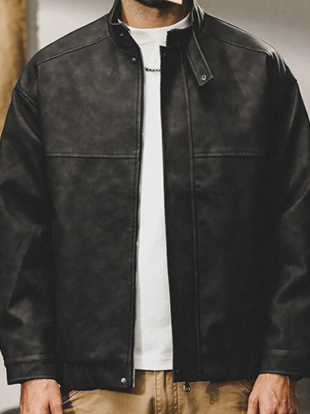 Zip up stand collar biker jacket