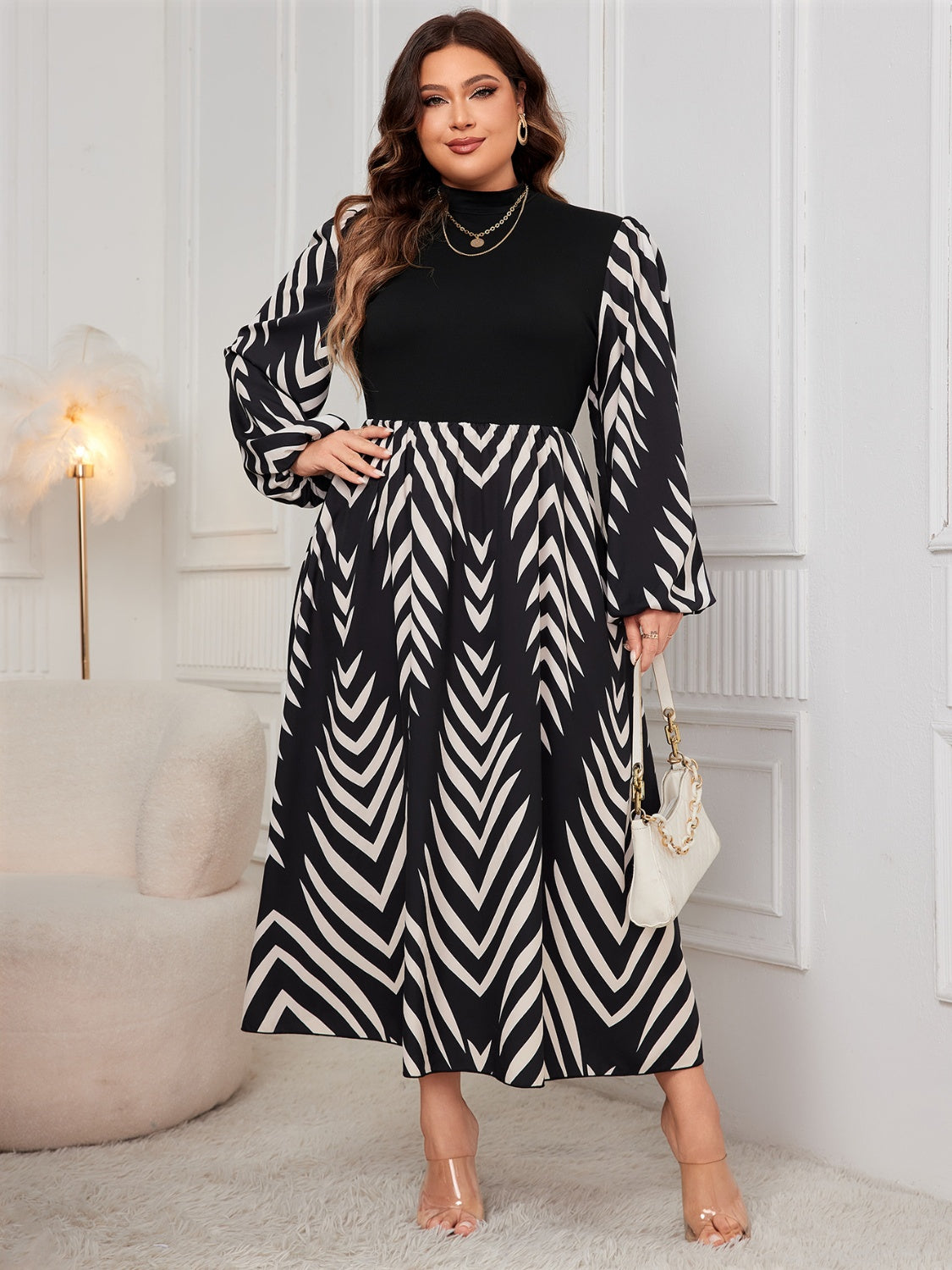 Plus Size Printed Mock Neck Long Sleeve Midi Dress