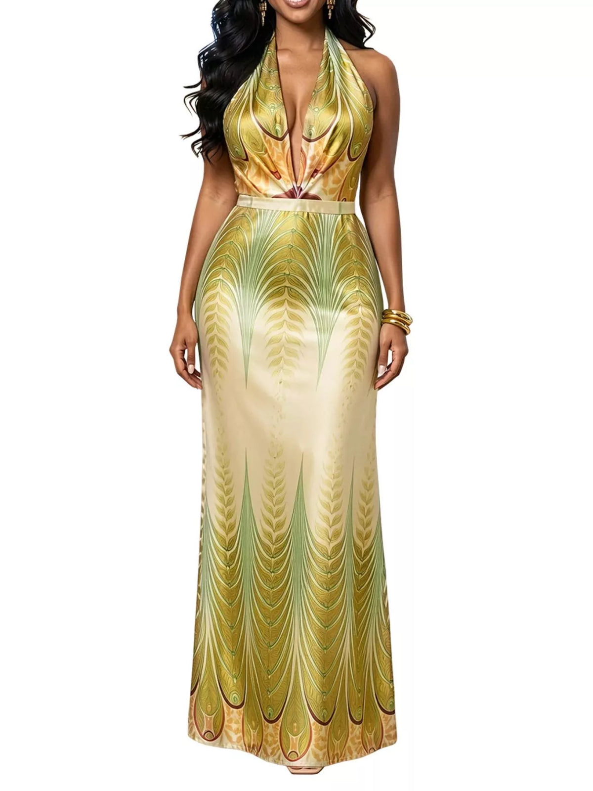 Leaf-print halter maxi dress