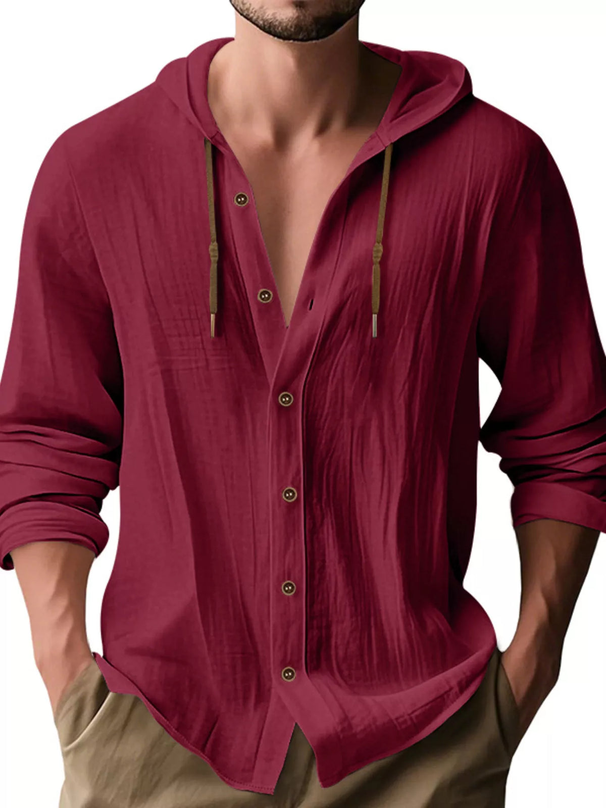 Hooded button shirt – wine red