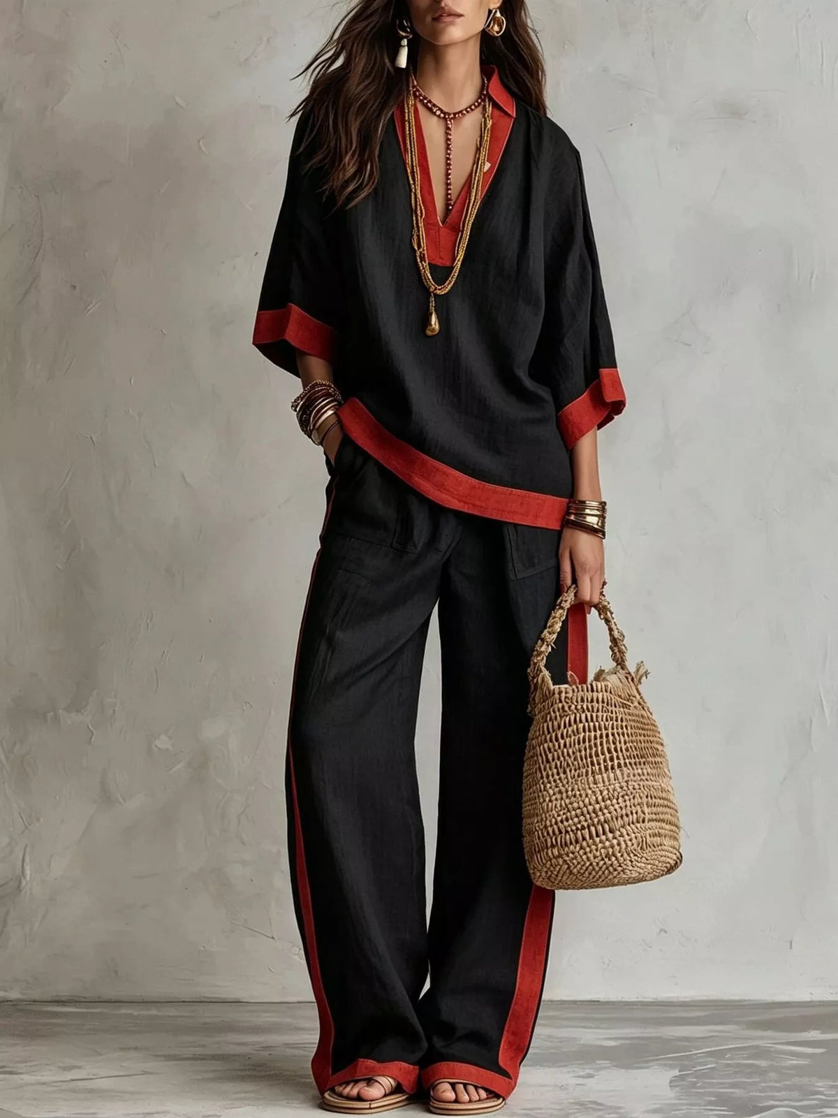 Contrast trim top and wide leg pants set