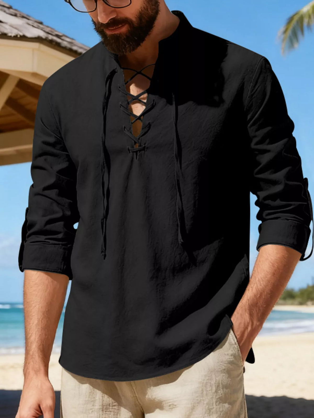 Lace-up linen shirt – black