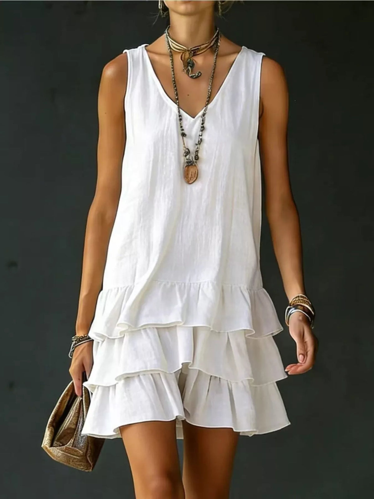 Ruffle-hem sleeveless dress – white
