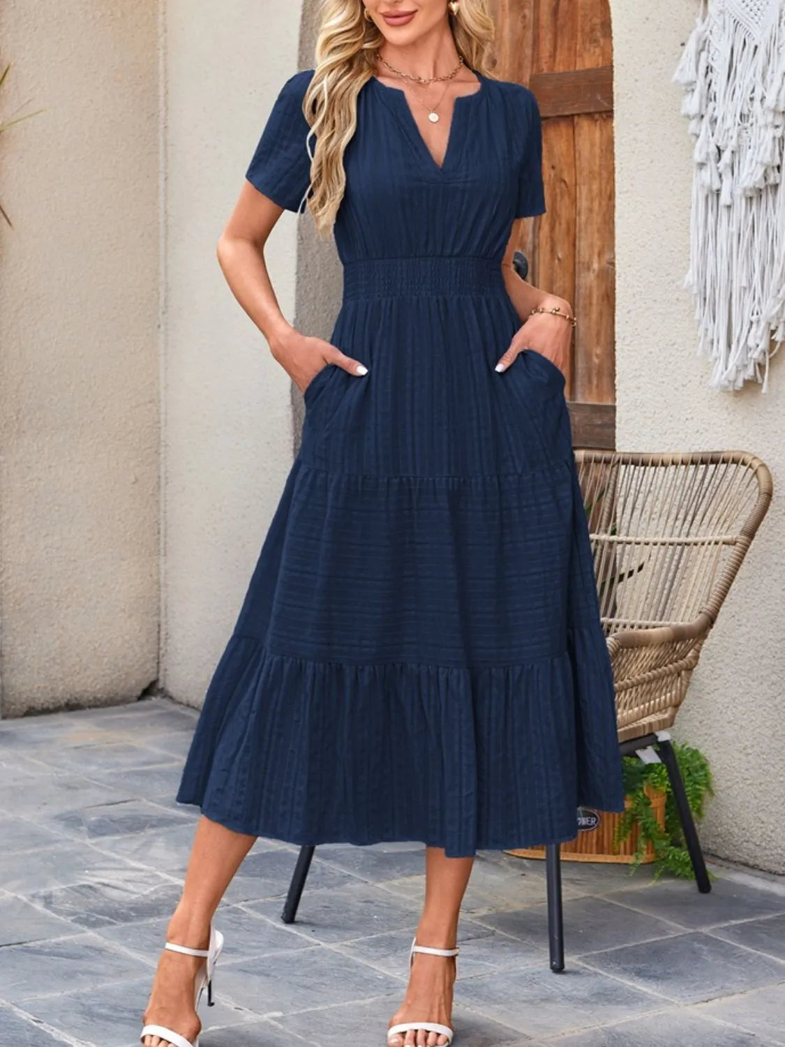 Tiered notched short sleeve dress, Dark Blue