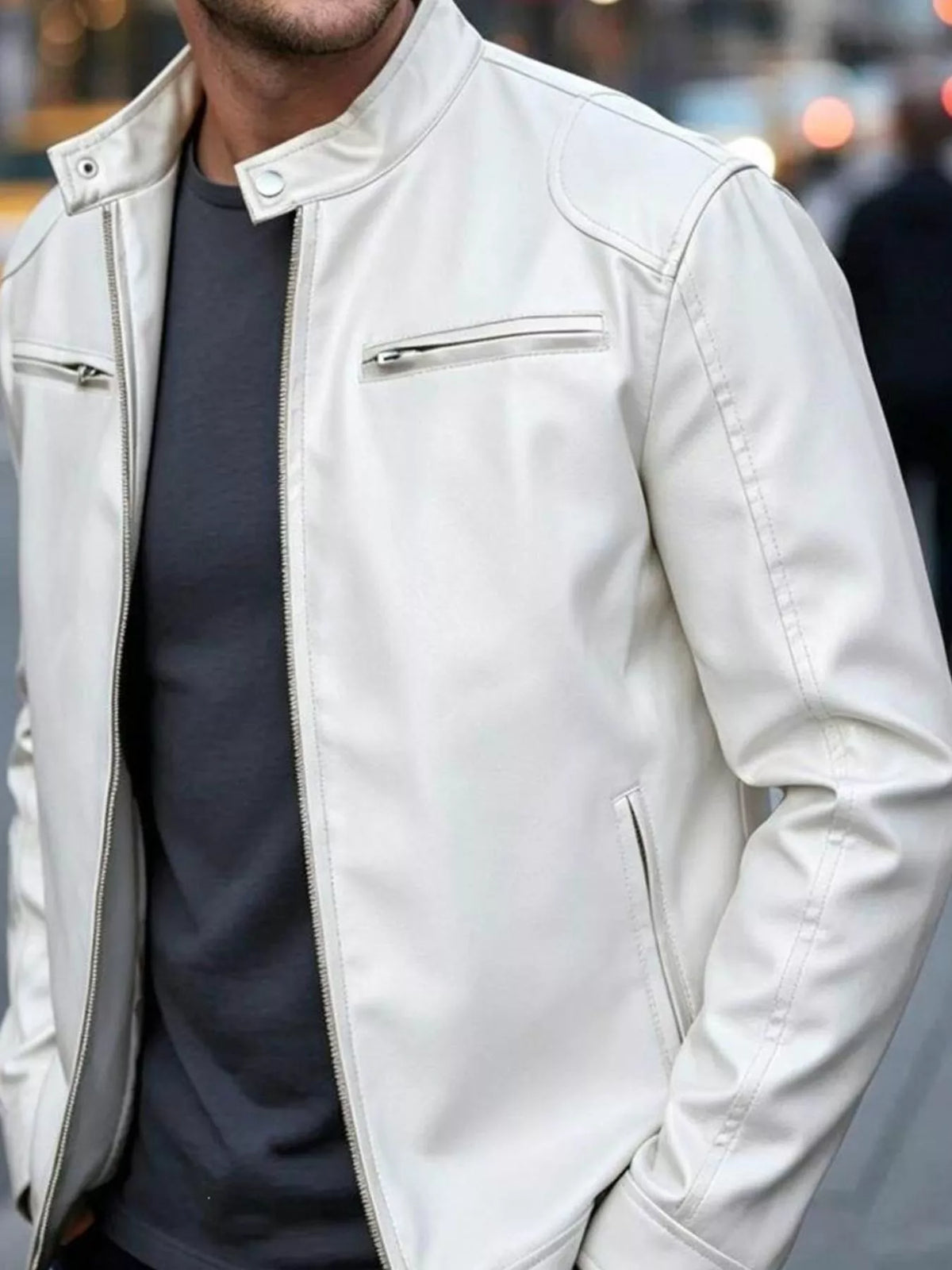 Faux leather bomber jacket with zipper pockets, White