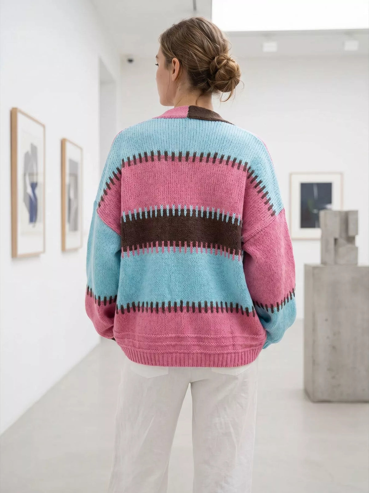 Color block V neck cardigan