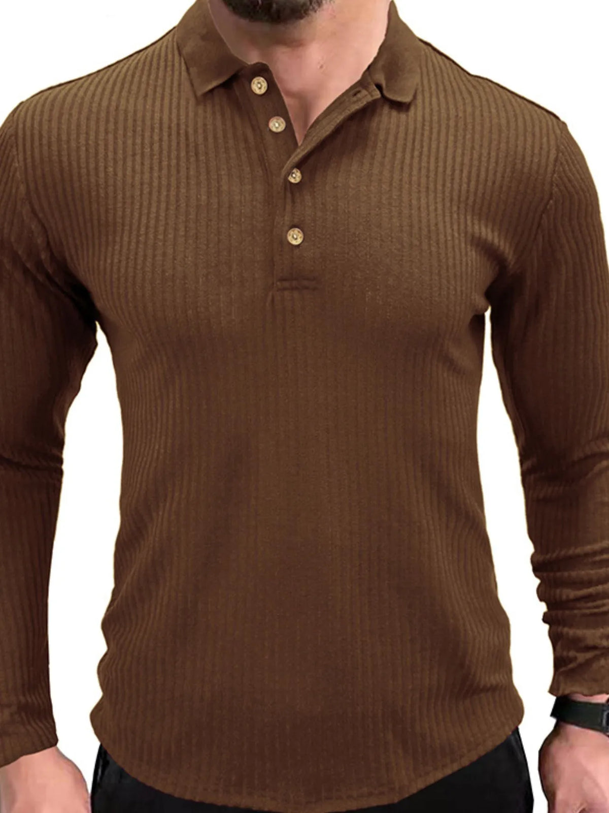 Ribbed knit long sleeve polo, Taupe