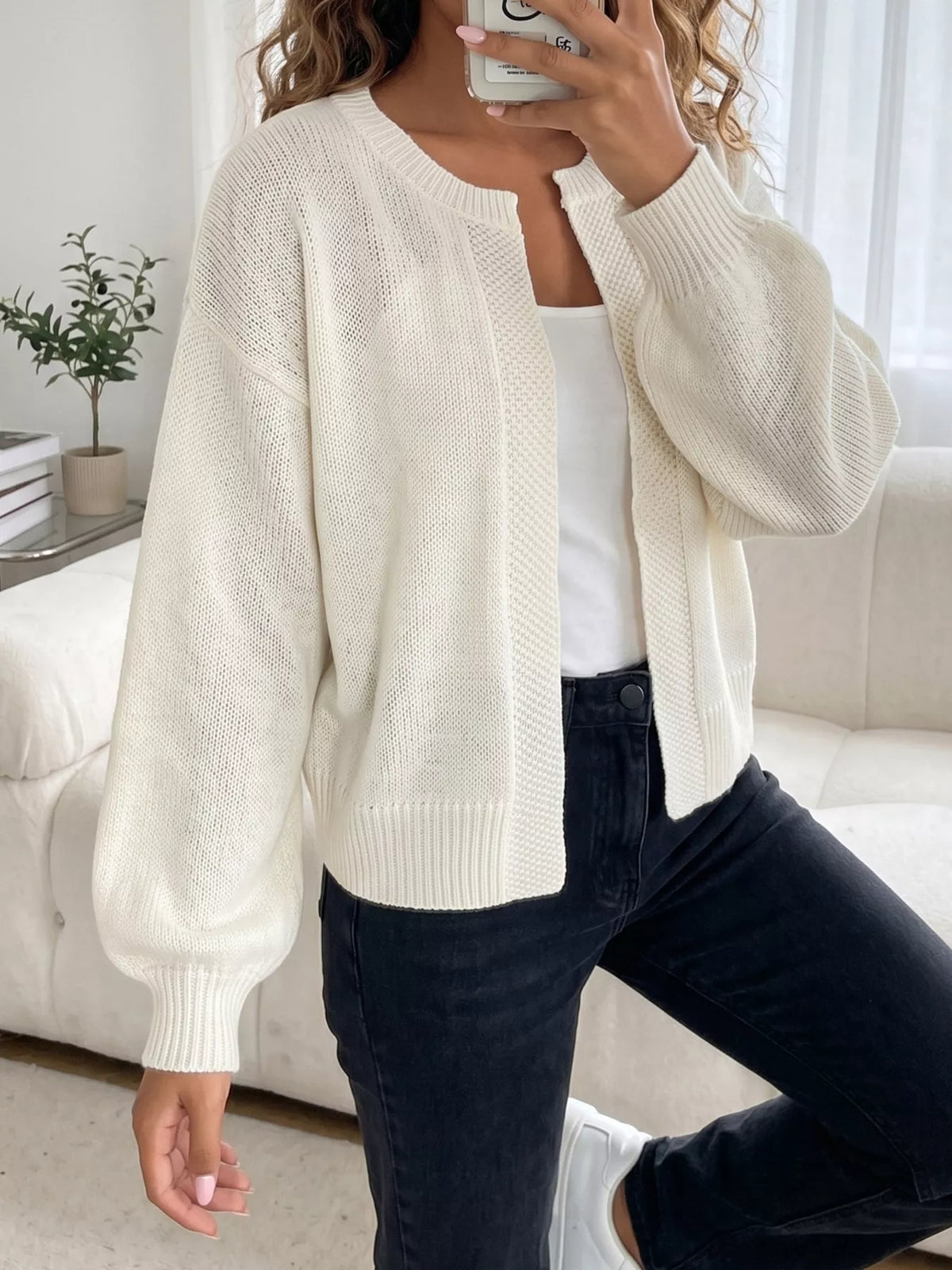 Casual open-front knit cardigan with ribbed trim
