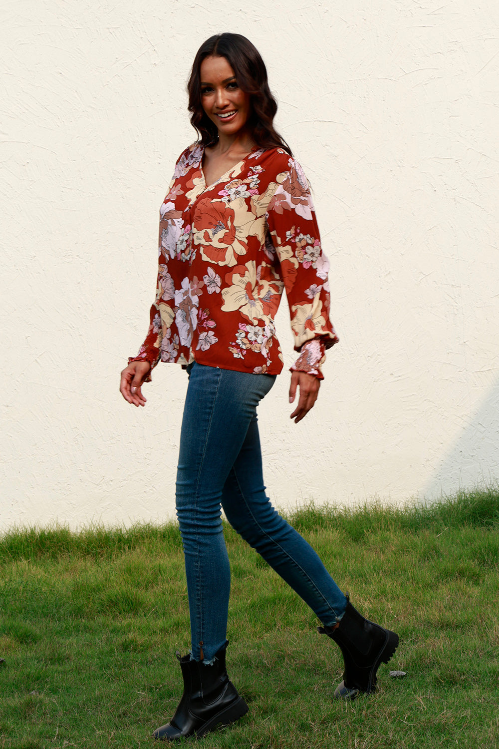 Floral V-Neck Smocked Lantern Sleeve Blouse