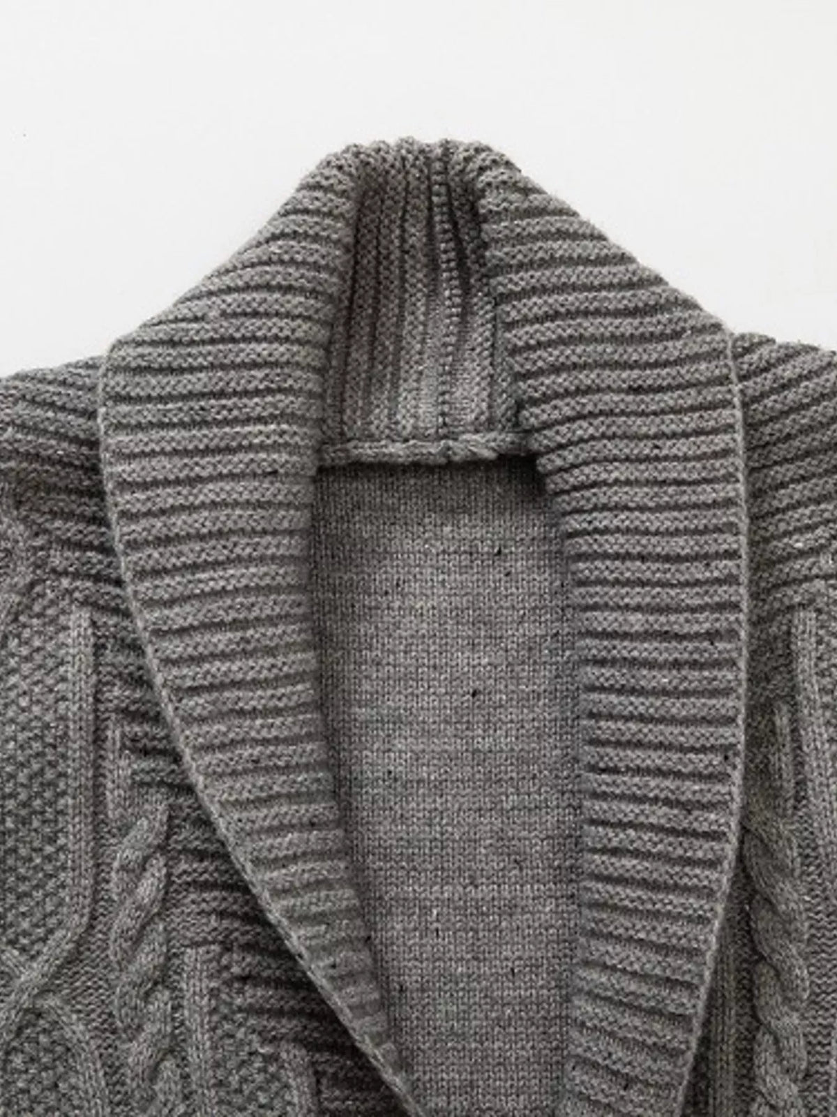 Speckled cable knit shawl collar cardigan