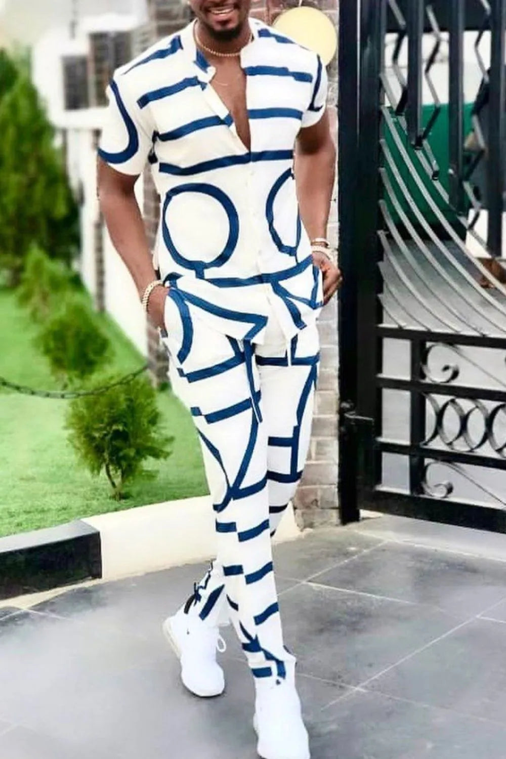 Geo Print Short Sleeve Top and Pants Set