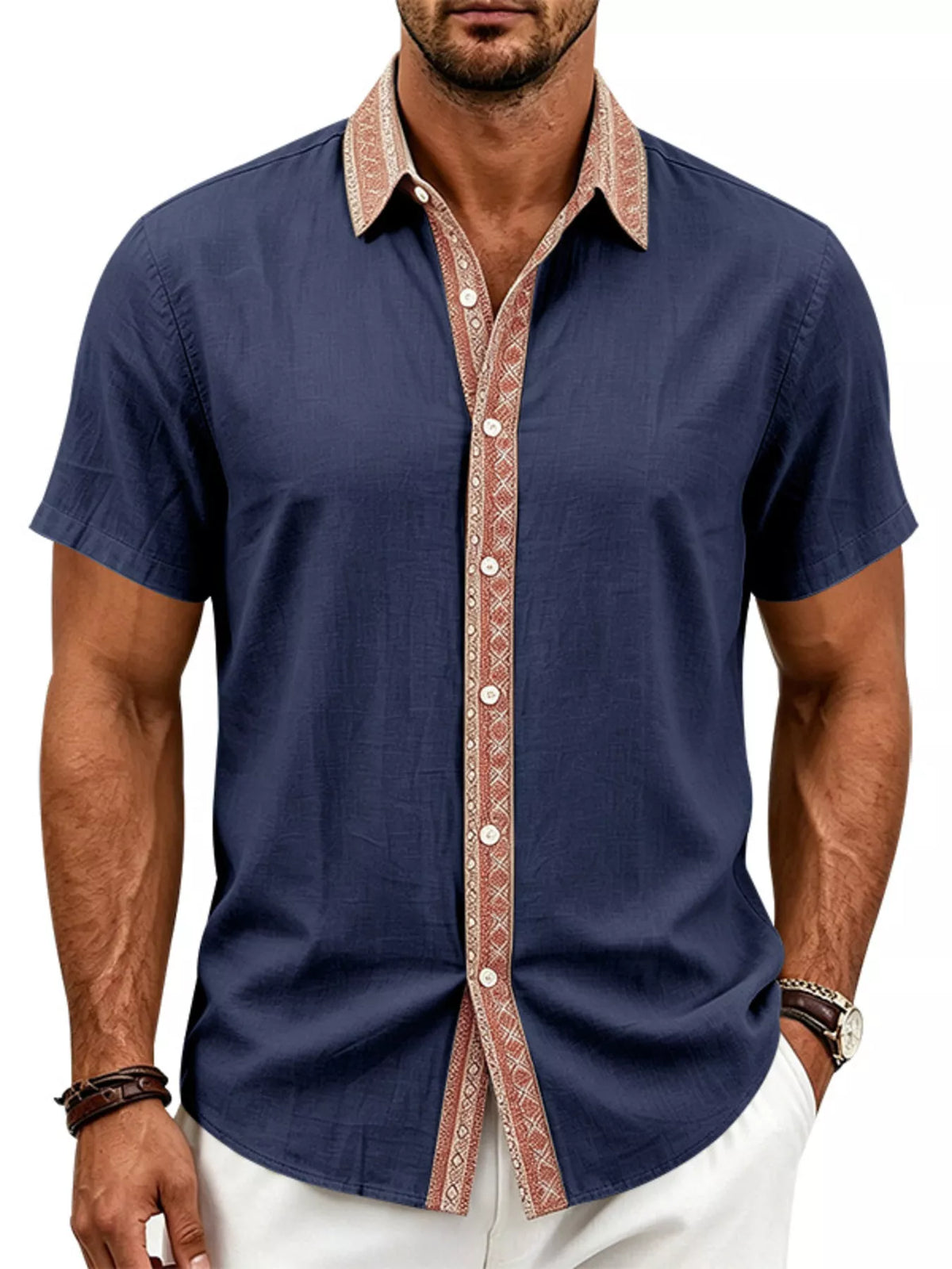 Short-sleeve linen shirt – navy blue