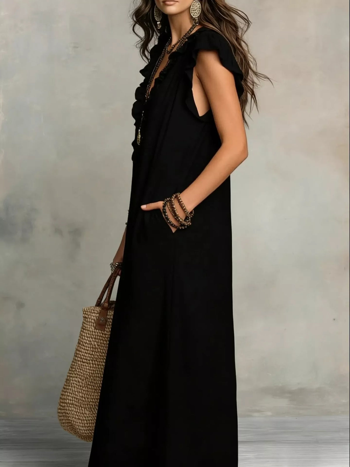 Ruffled cap-sleeve maxi dress