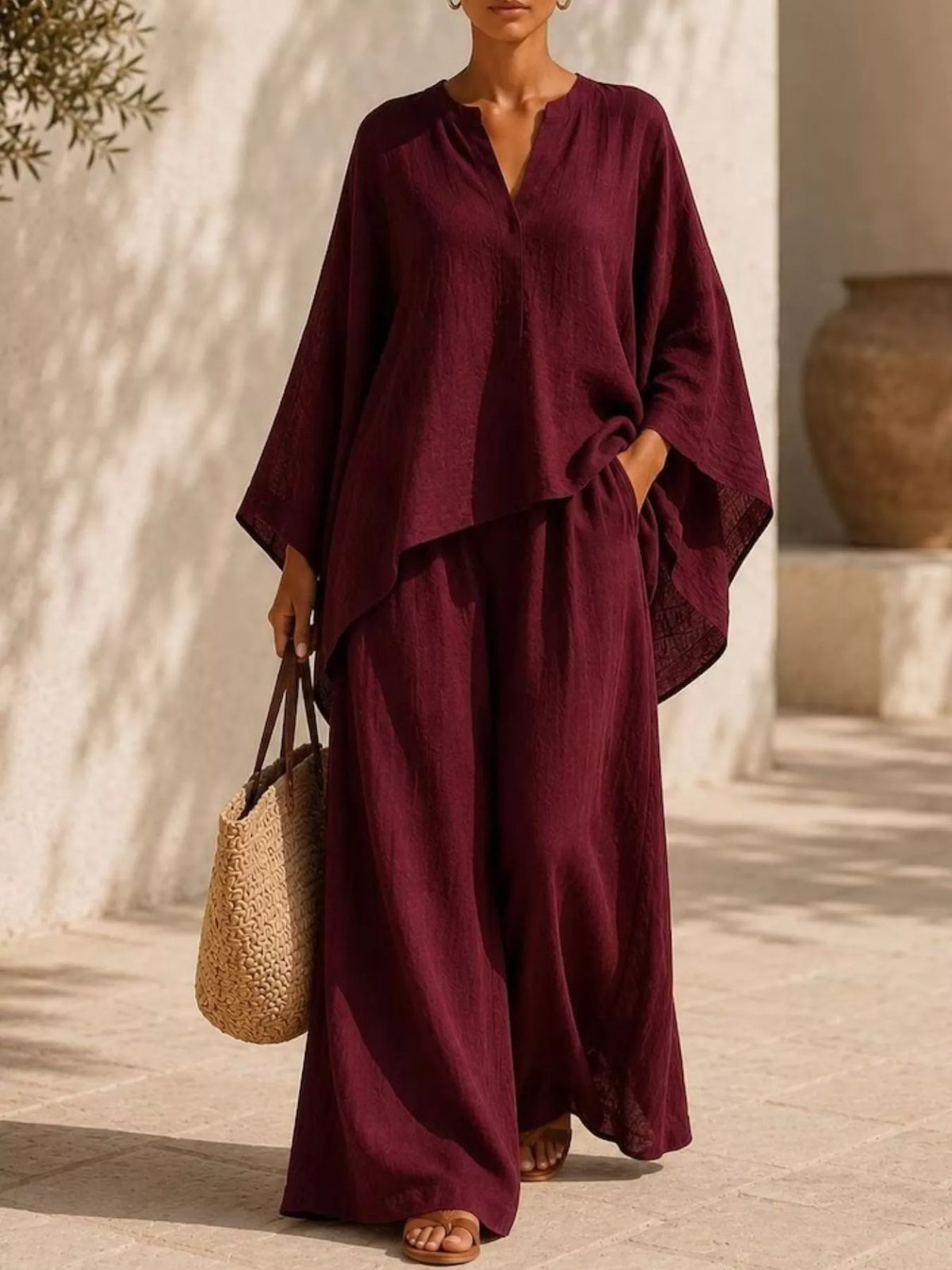 Notched long sleeve top and wide-leg pants set, Burgundy