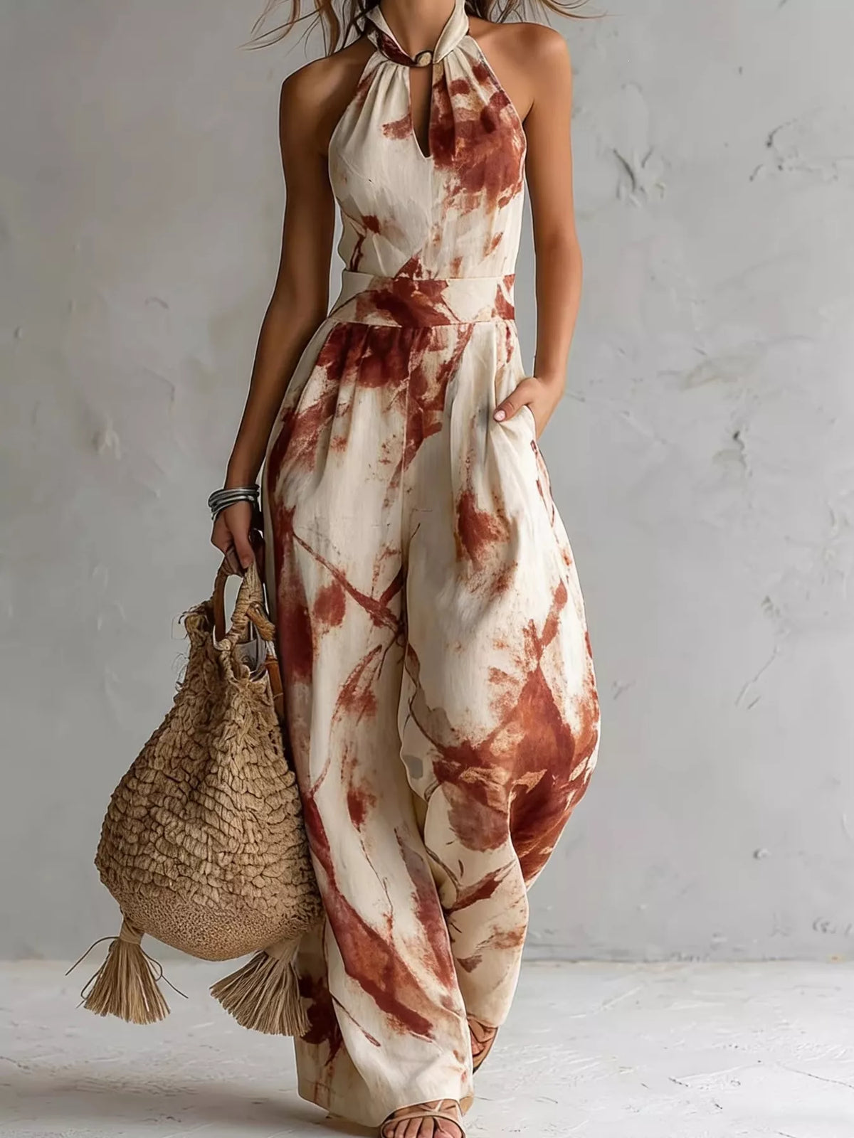 Ink-wash halter jumpsuit – burnt coral
