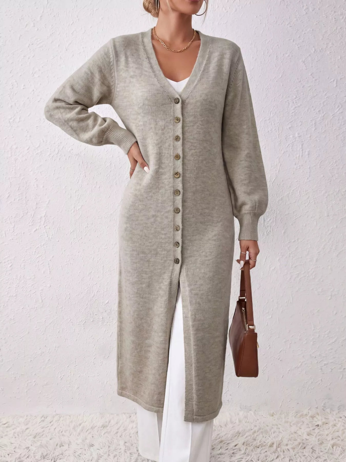 Elegant longline button-front cardigan with lantern sleeves