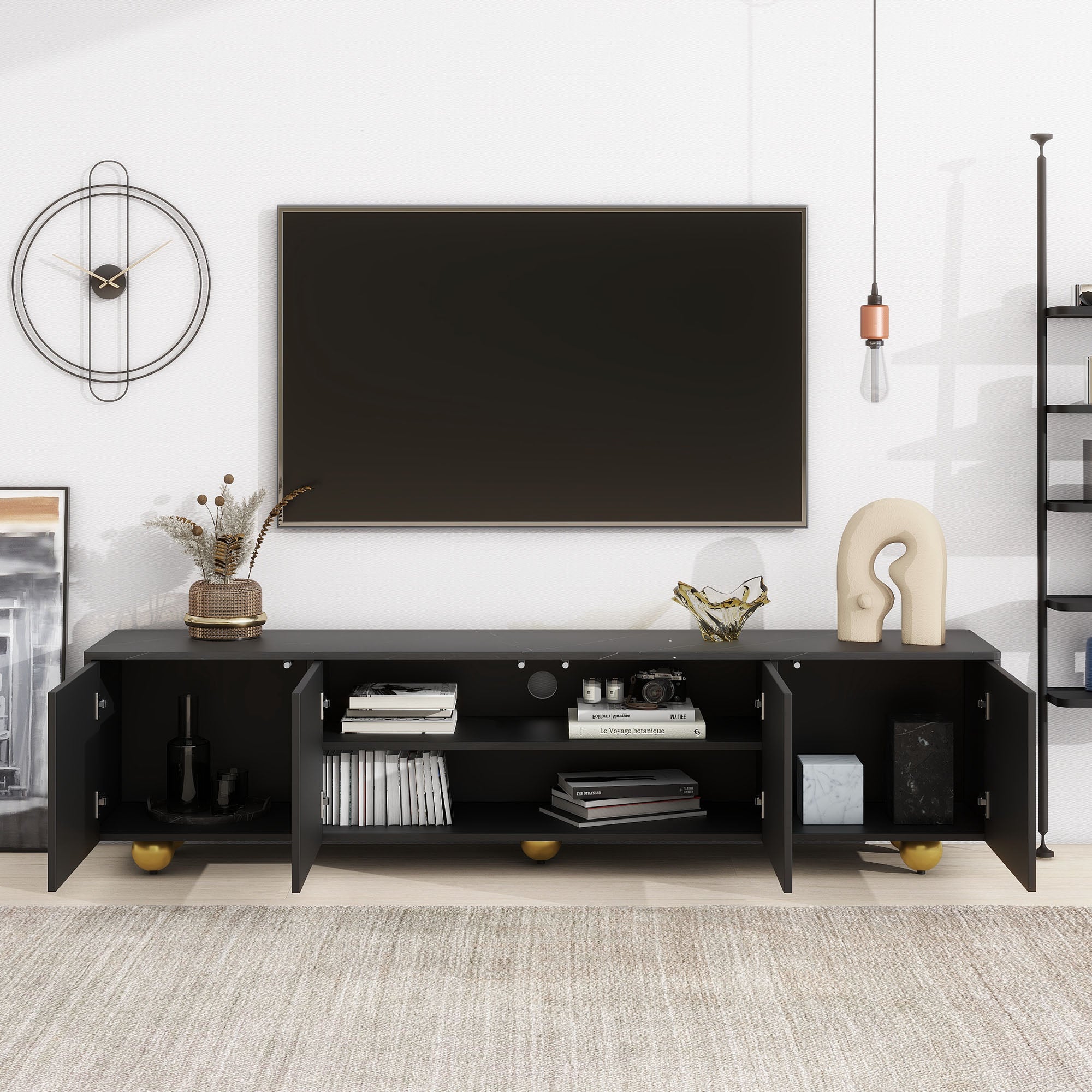 U-Can modern TV stand is suitable for TVs under 75 inches and comes with a storage cabinet top marble pattern and circular stand