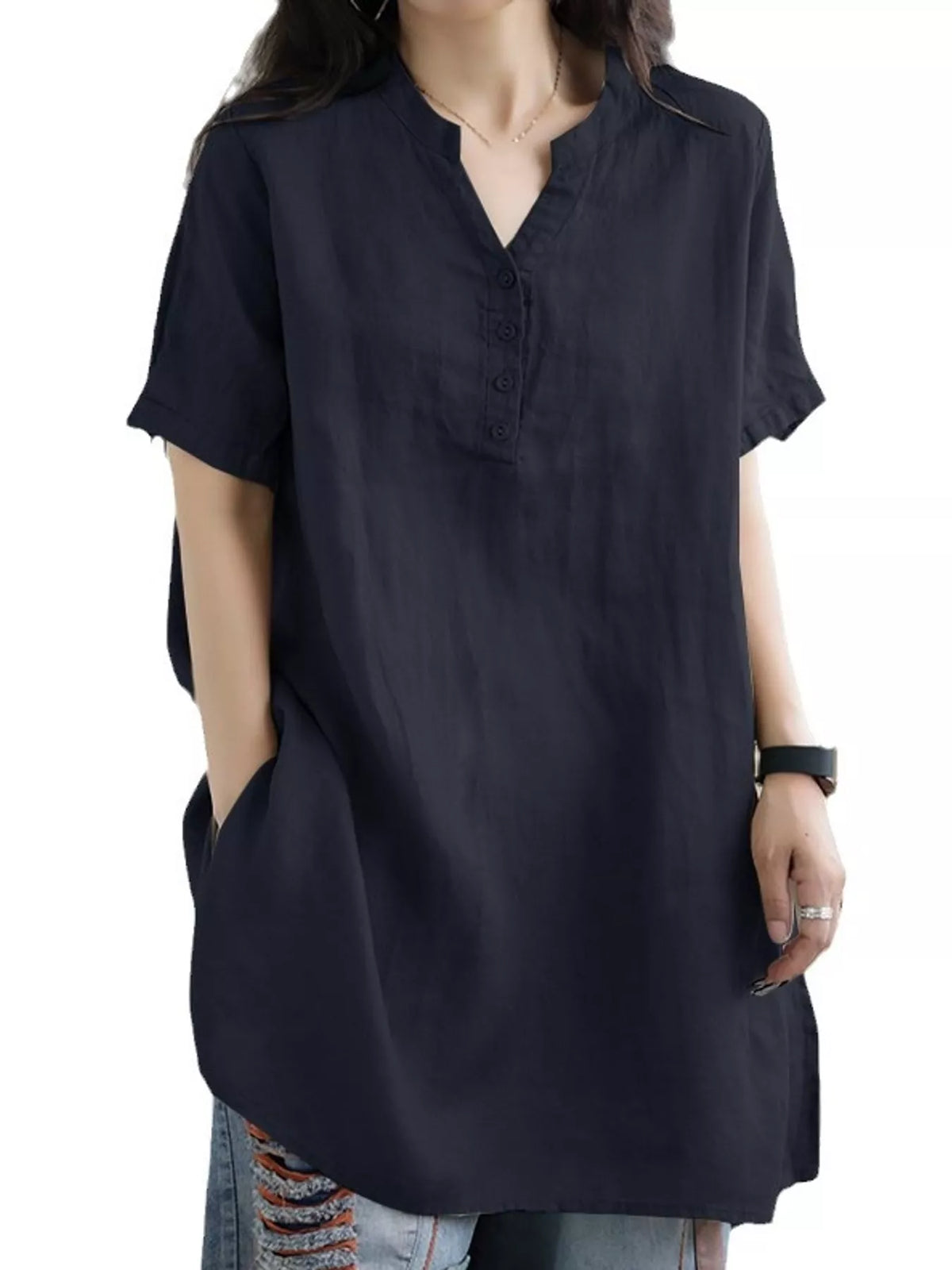 Oversized notched blouse – navy blue