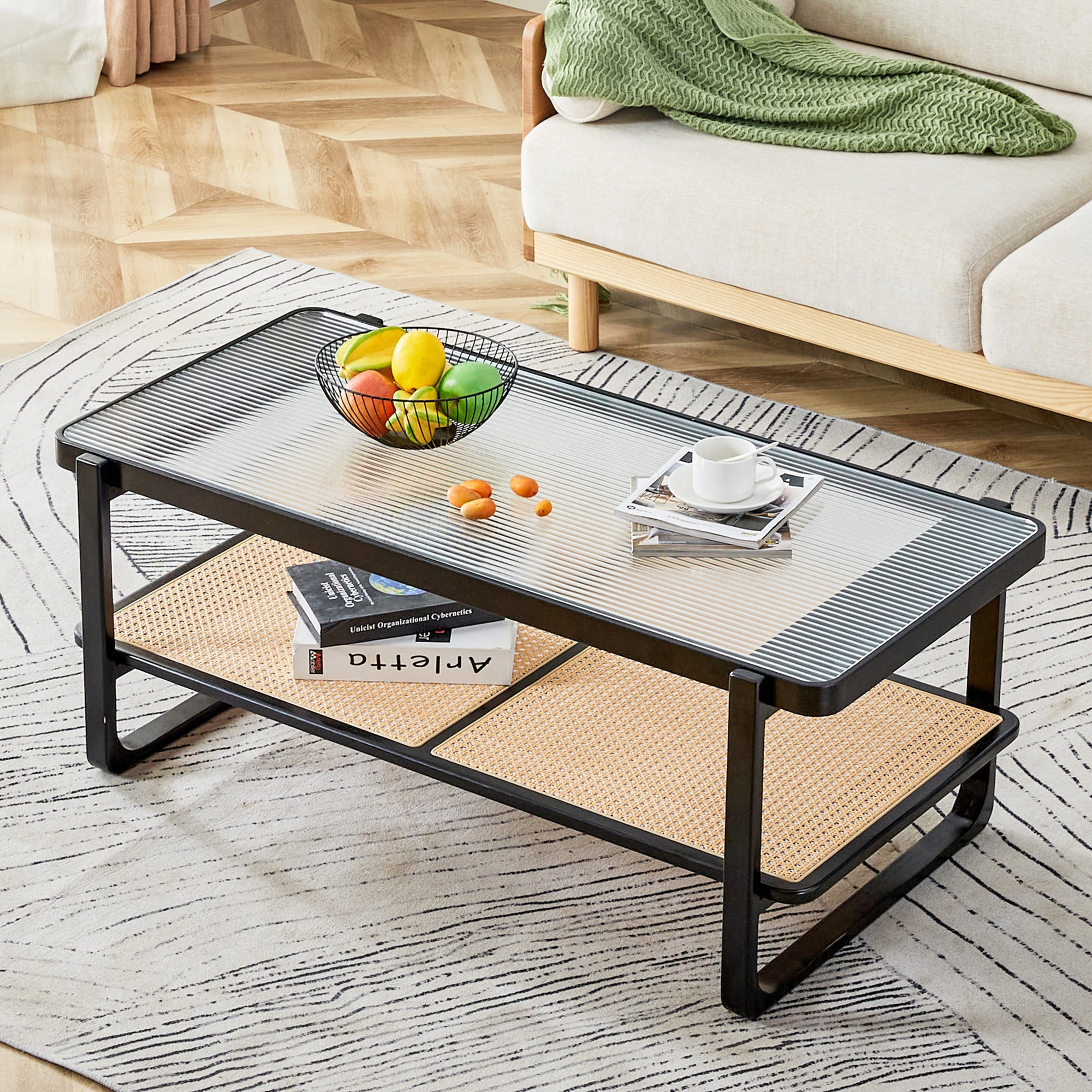 Modern minimalist rectangular double layer black solid wood imitation rattan coffee table