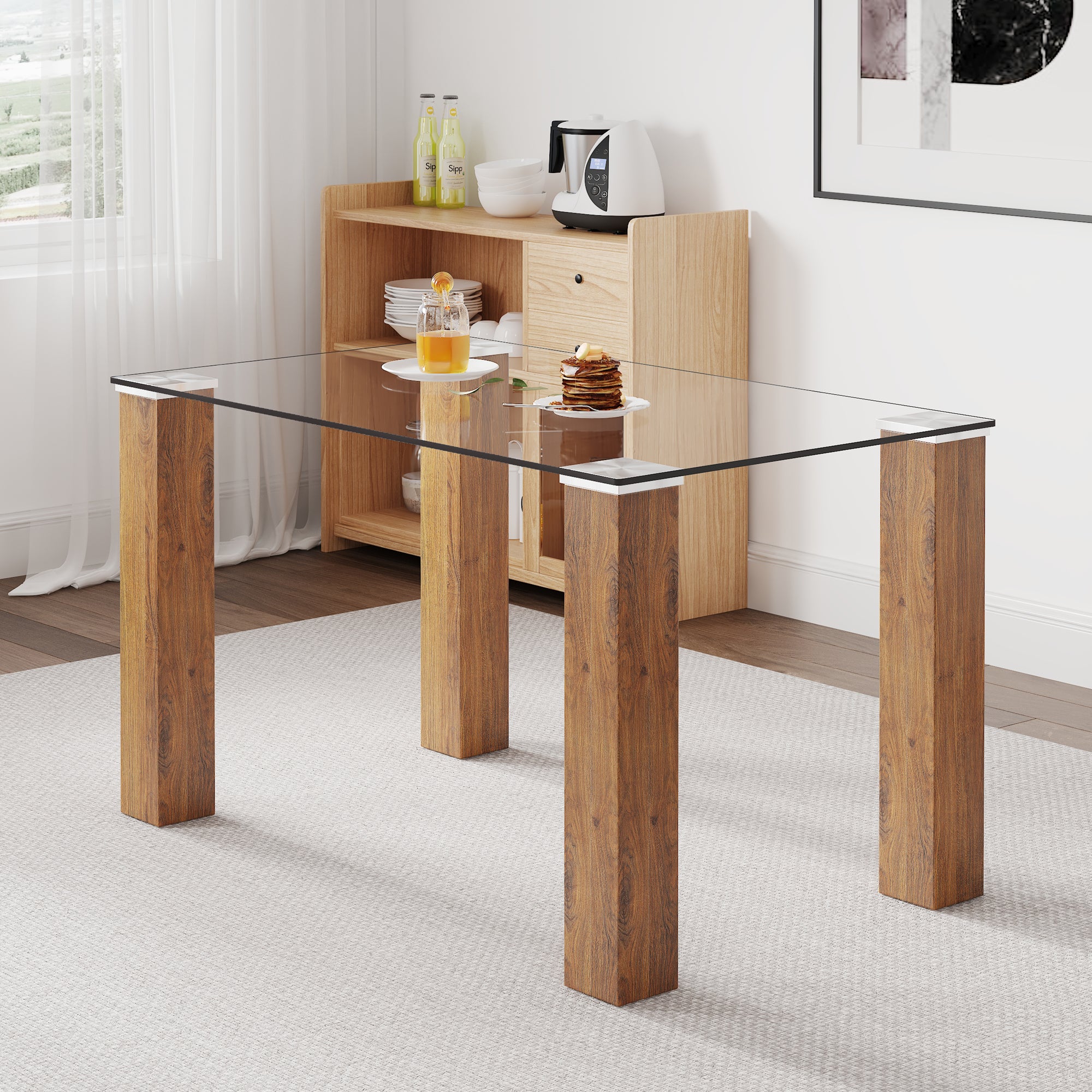 Modern minimalist rectangular dining table Glass desktop and wooden MDF table legs